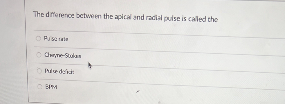 Solved: The difference between the apical and radial pulse is called ...