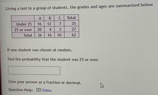 Giving a test to a group of students, the grades and ages are summarized below 
If one student was chosen at random, 
find the probability that the student was 25 or over. 
Give your answer as a fraction or decimal. 
Question Help: * Video