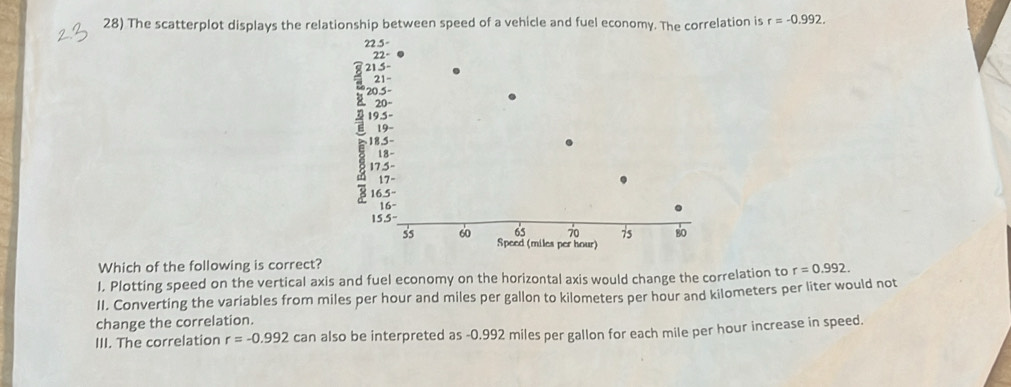 The scatterplot displays the relationship between speed of a vehicle and fuel economy. The correlation is r=-0.992.
22.5°
22°
215-
21-
20-
18.5-
17.5-
16.5^
15.5-
per hour)
Which of the following is correct?
I, Plotting speed on the vertical axis and fuel economy on the horizontal axis would change the correlation to r=0.992.
II. Converting the variables from miles per hour and miles per gallon to kilometers per hour and kilometers per liter would not
change the correlation.
III. The correlation r=-0.992 can also be interpreted as -0.992 miles per gallon for each mile per hour increase in speed.