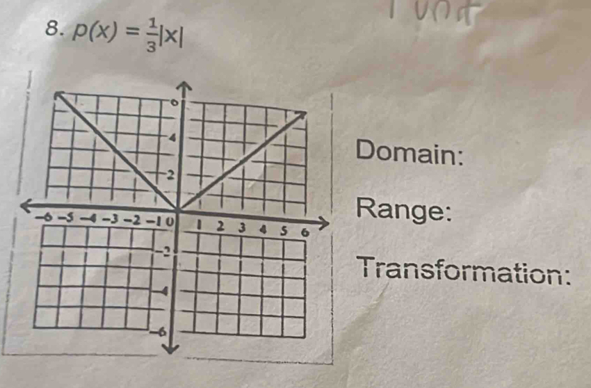 p(x)= 1/3 |x|
Domain: 
Range: 
Transformation: