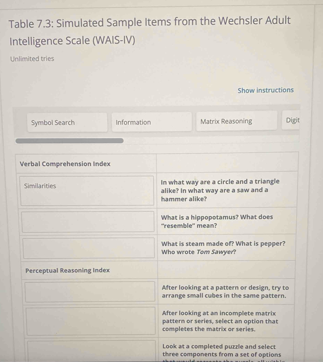 Solved: Table 7.3: Simulated Sample Items from the Wechsler Adult ...