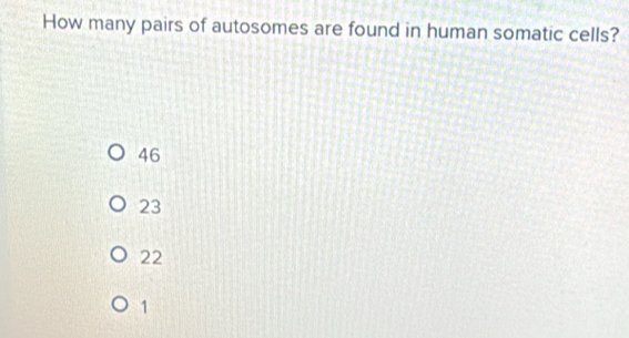 How many pairs of autosomes are found in human somatic cells?
46
23
22
1