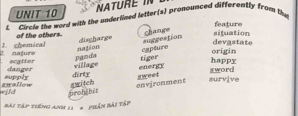 NATURE IN
UNIT 10
L Circle the word with the underlined letter(s) pronounced differently from that
feature
of the others. situation
discharge change
devastate
nation suggestion
1. chemical
2. nature origin
panda capture
tiger
scatter happy
village
danger sword
dirty energy
sweet
supply survive
swallow switch
environment
wild prohibit
Bài tập tiếng Anh 11 ● pHần Bài tập