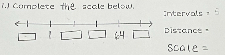 1.) Complete scale below. 
=ntervals =
Distance =
C =