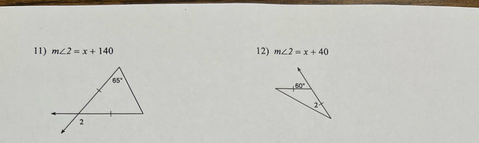 m∠ 2=x+140 12) m∠ 2=x+40