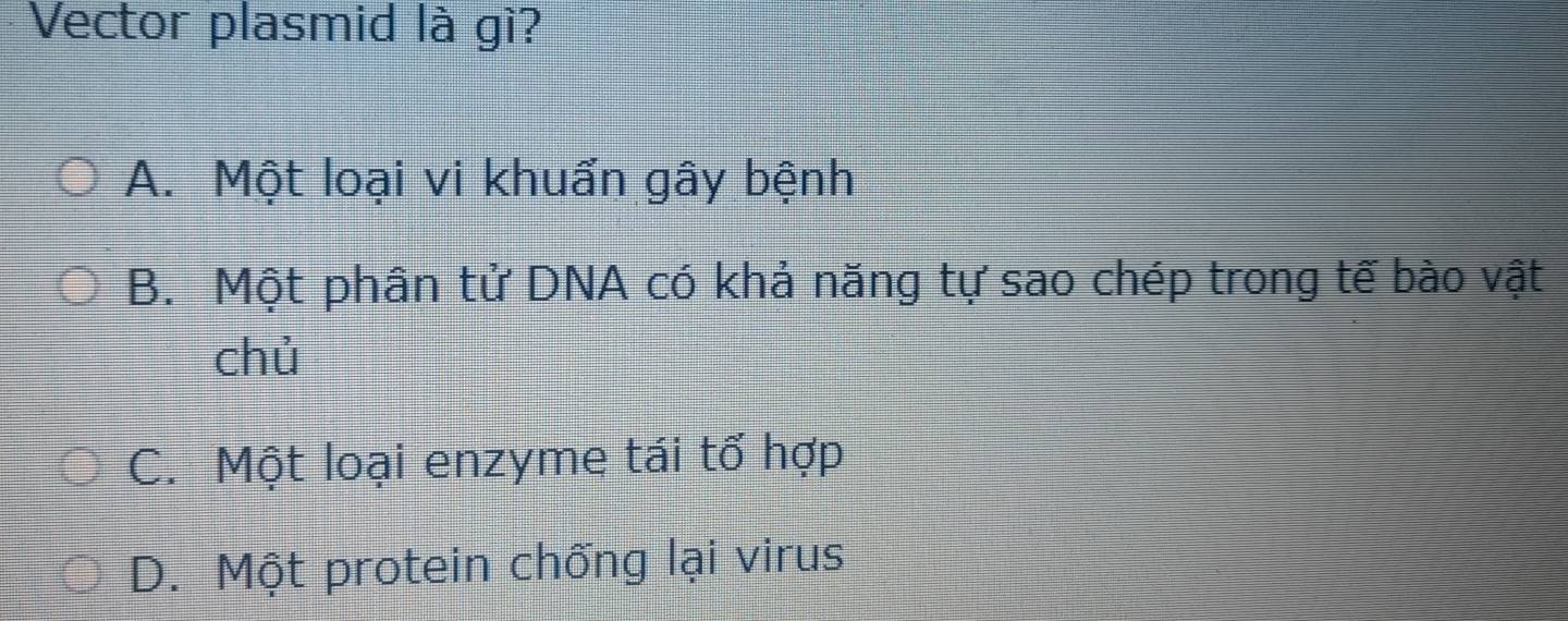 Vector plasmid là gì?
A. Một loại vi khuẩn gây bệnh
B. Một phân tử DNA có khả năng tự sao chép trong tế bào vật
chủ
C. Một loại enzyme tái tố hợp
D. Một protein chống lại virus