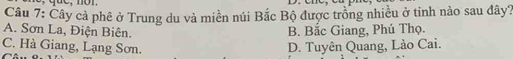 Cây cà phê ở Trung du và miền núi Bắc Bộ được trồng nhiều ở tinh nào sau đây?
A. Sơn La, Điện Biên. B. Bắc Giang, Phú Thọ.
C. Hà Giang, Lạng Sơn. D. Tuyên Quang, Lào Cai.