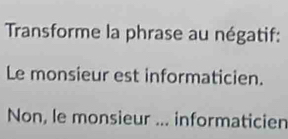 Transforme la phrase au négatif: 
Le monsieur est informaticien. 
Non, le monsieur ... informaticien