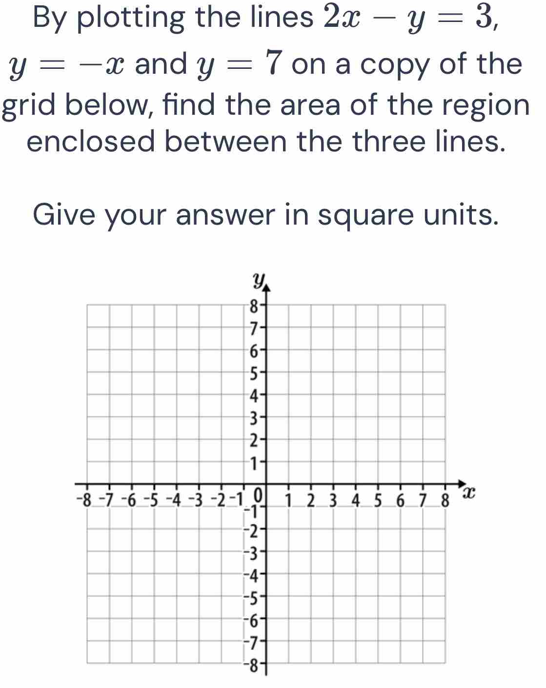 By plotting the lines 2x-y=3,
y=-x and y=7 on a copy of the 
grid below, find the area of the region 
enclosed between the three lines. 
Give your answer in square units.