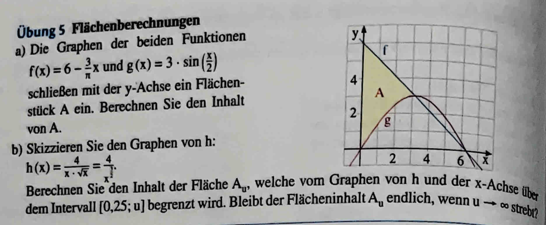 Übung 5 Flächenberechnungen 
a) Die Graphen der beiden Funktionen 
y
f(x)=6- 3/π  x und g(x)=3· sin ( x/2 )
f 
schließen mit der y -Achse ein Flächen- 
4 
stück A ein. Berechnen Sie den Inhalt A
2
von A.
g
b) Skizzieren Sie den Graphen von h :
h(x)= 4/x· sqrt(x) =frac 4x^(frac 3)2.
2 4 6
Berechnen Sie den Inhalt der Fläche A_u , welche vom Graphen von h und der x -Achse über 
dem Intervall [0,25;u] begrenzt wird. Bleibt der Flächeninhalt A_u endlich, wenn u → ∞ strebt?