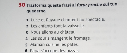 Trasforma queste frasi al futur proche sul tuo 
quaderno. 
1 Luce et Rayane chantent au spectacle. 
2 Les enfants font la vaisselle. 
3 Nous allons au château. 
4 Les souris mangent le fromage. 
5 Maman cuisine les pâtes. 
6 Papa s’occupe des pizzas.