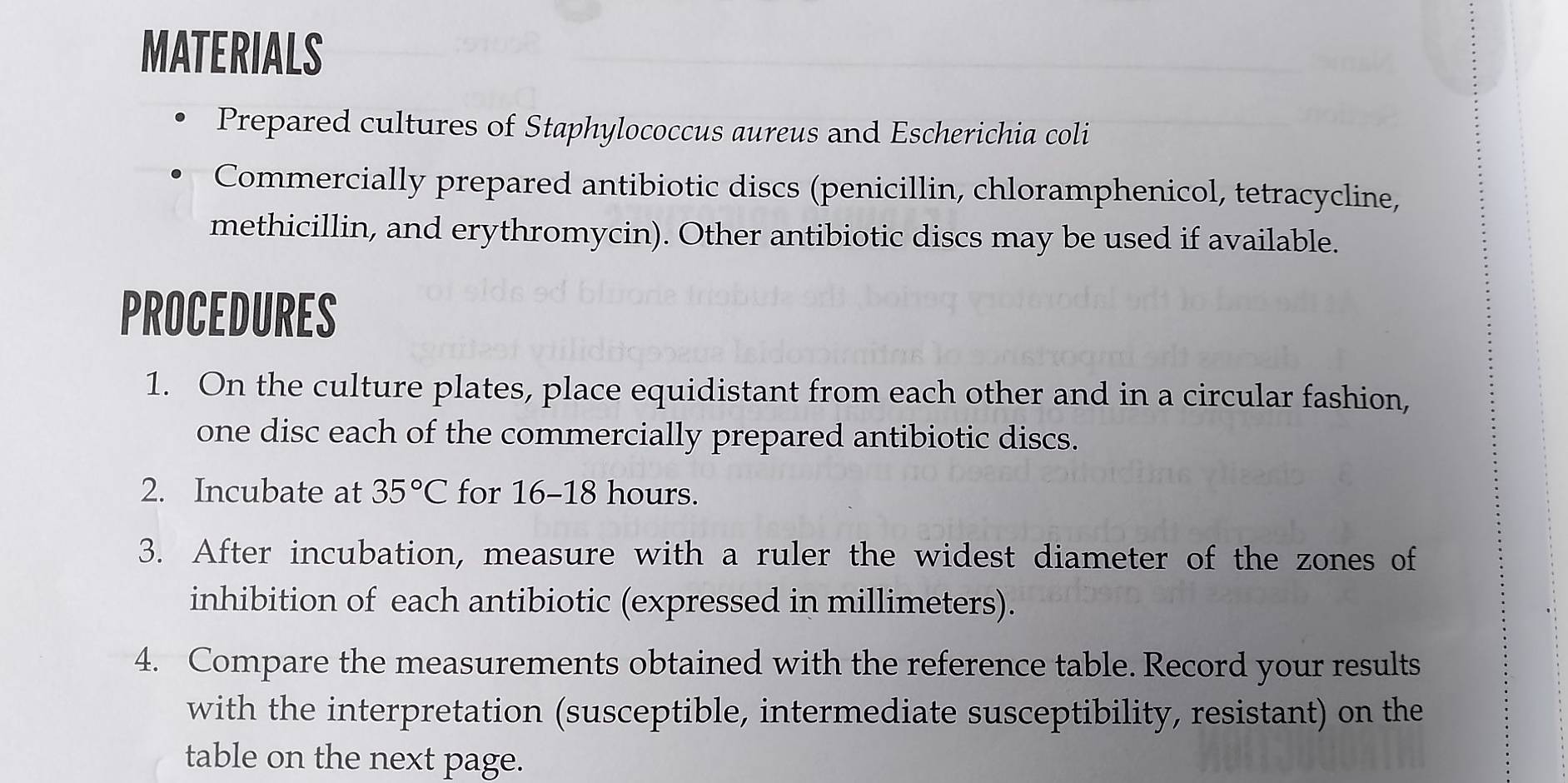 MATERIALS 
Prepared cultures of Staphylococcus aureus and Escherichia coli 
Commercially prepared antibiotic discs (penicillin, chloramphenicol, tetracycline, 
methicillin, and erythromycin). Other antibiotic discs may be used if available. 
PROCEDURES 
1. On the culture plates, place equidistant from each other and in a circular fashion, 
one disc each of the commercially prepared antibiotic discs. 
2. Incubate at 35°C for 16-18 hours. 
3. After incubation, measure with a ruler the widest diameter of the zones of 
inhibition of each antibiotic (expressed in millimeters). 
4. Compare the measurements obtained with the reference table. Record your results 
with the interpretation (susceptible, intermediate susceptibility, resistant) on the 
table on the next page.