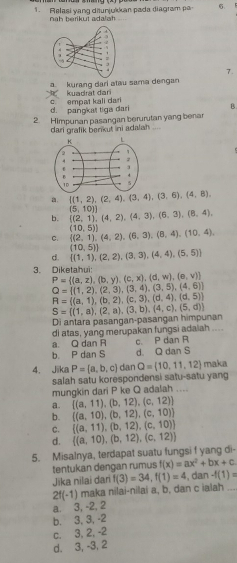 Relasi yang ditunjukkan pada diagram pa- 6. 「
nah berikut adalah
7.
a. kurang dari atau sama dengan
kuadrat dari
c empat kali dari
d. pangkat tiga dari B.
2. Himpunan pasangan berurutan yang benar
dari grafik berikut ini adalah ....
a.  (1,2),(2,4),(3,4),(3,6),(4,8),
b.  (2,1),(4,2),(4,3),(6,3),(8,4), (5,10)
C.  (2,1),(4,2),(6,3),(8,4),(10,4), (10,5))
d.  (1,1),(2,2),(3,3),(4,4),(5,5) (10,5)
3. Diketahui:
P= (a,z),(b,y),(c,x),(d,w),(e,v)
Q= (1,2),(2,3),(3,4),(3,5),(4,6)
R= (a,1),(b,2),(c,3),(d,4),(d,5)
Di antara pasangan-pasangan himpunan S= (1,a),(2,a),(3,b),(4,c),(5,d)
di atas, yang merupakan fungsi adalah ....
a. Q dan R c. P dan R
b. P dan S d. Q dan S
4. Jika P= a,b,c dan Q= 10,11,12 maka
salah satu korespondensi satu-satu yang
mungkin dari P ke Q adalah ....
a.  (a,11),(b,12),(c,12)
b.  (a,10),(b,12),(c,10)
C.  (a,11),(b,12),(c,10)
d.  (a,10),(b,12),(c,12)
5. Misalnya, terdapat suatu fungsi f yang di-
tentukan dengan rumus f(x)=ax^2+bx+c
Jika nilai dari f(3)=34,f(1)=4 , dan -f(1)=
2f(-1) maka nilai-nilai a, b, dan c ialah_
a. 3, -2, 2
b. 3, 3, -2
c. 3, 2, -2
d. 3, -3, 2