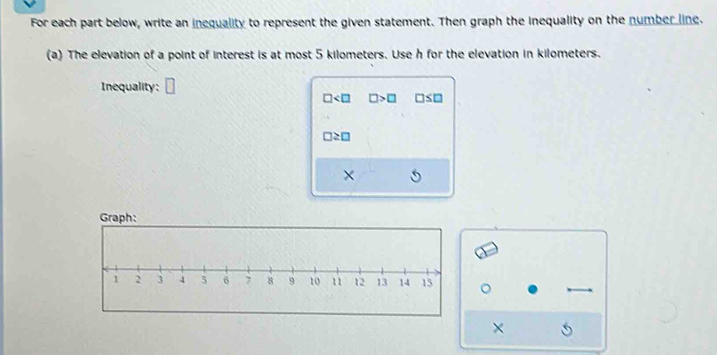 For each part below, write an inequality to represent the given statement. Then graph the inequality on the number line. 
(a) The elevation of a point of interest is at most 5 kilometers. Use h for the elevation in kilometers. 
Inequality:
□ □ >□ □ ≤ □
□ ≥ □
× 
Graph: 
×