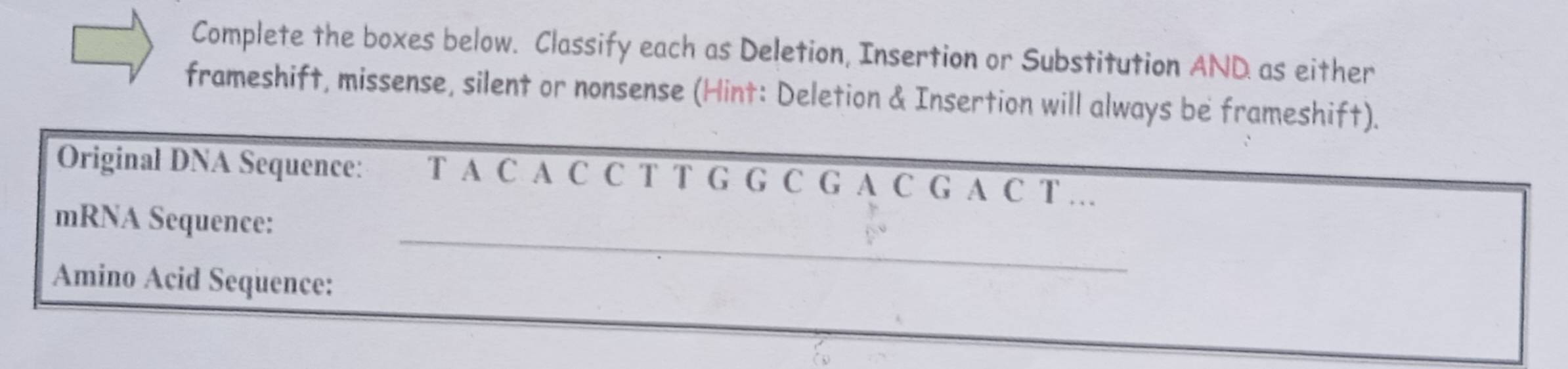 Complete the boxes below. Classify each as Deletion, Insertion or Substitution AND as either 
frameshift, missense, silent or nonsense (Hint: Deletion & Insertion will always be frameshift). 
Original DNA Sequence: T A C A C C T T G G C G A C G A C T … 
mRNA Sequence: 
Amino Acid Sequence: 
_