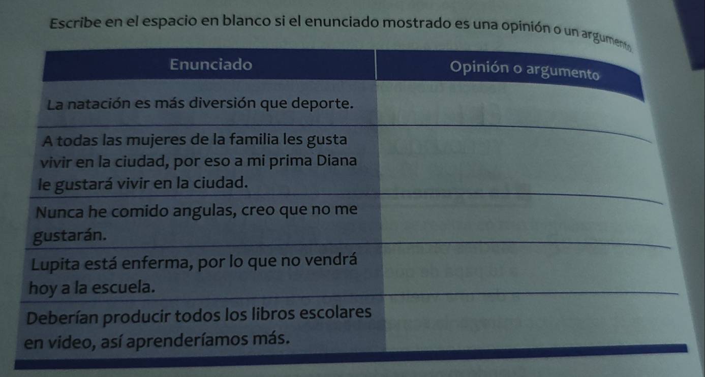 Escribe en el espacio en blanco si el enunciado mostrado es una opinión o un