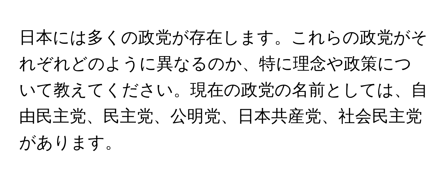 日本には多くの政党が存在します。これらの政党がそれぞれどのように異なるのか、特に理念や政策について教えてください。現在の政党の名前としては、自由民主党、民主党、公明党、日本共産党、社会民主党があります。