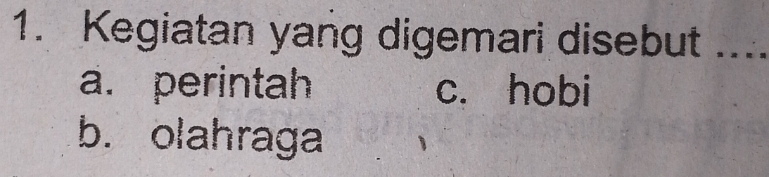 Kegiatan yang digemari disebut .._
a. perintah c. hobi
b. olahraga