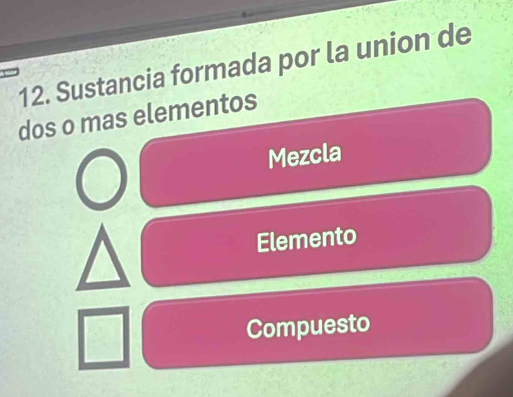 Sustancia formada por la union de
dos o mas elementos
Mezcla
Elemento
Compuesto