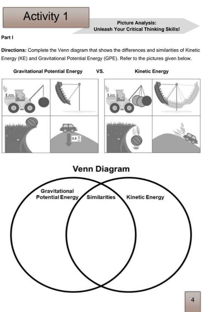 Activity 1 
Picture Analysis: 
Unleash Your Critical Thinking Skills! 
Part I 
Directions: Complete the Venn diagram that shows the differences and similarities of Kinetic 
Energy (KE) and Gravitational Potential Energy (GPE). Refer to the pictures given below. 
Gravitational Potential Energy VS. Kinetic Energy 
1 
96 
4