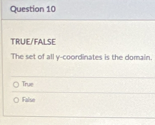 TRUE/FALSE
The set of all y-coordinates is the domain.
True
False