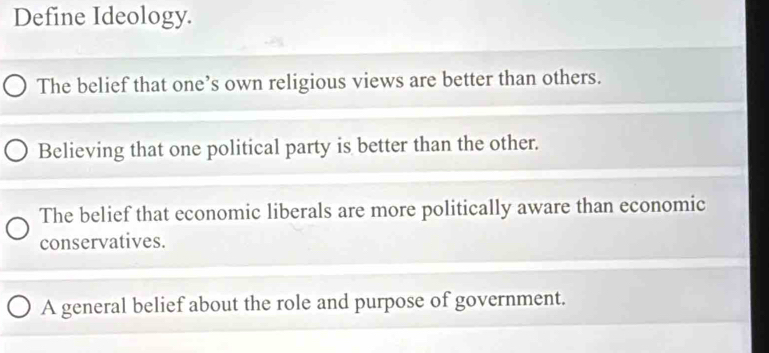 Define Ideology.
The belief that one’s own religious views are better than others.
Believing that one political party is better than the other.
The belief that economic liberals are more politically aware than economic
conservatives.
A general belief about the role and purpose of government.