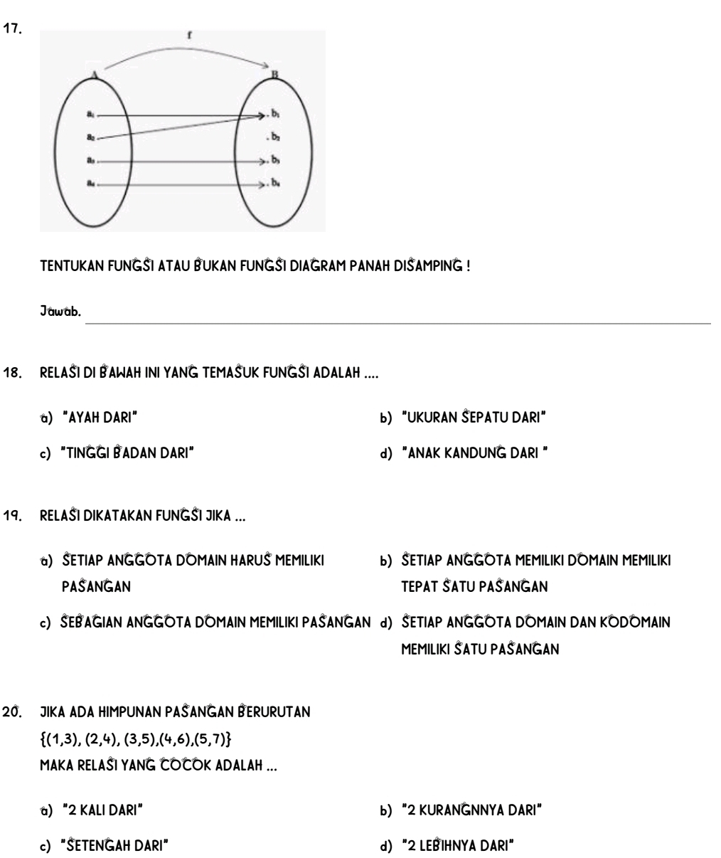 TENTUKAN FUNGSI ATAU BUKAN FUNGSI DIAGRAM PANAH DISAMPING !
_
Jawab.
18. RELASI DI BAWAH INI YANG TEMASUK FUNGSI ADALAH ....
a) “AYAH DARI" b) "UKURAN ŠEPATU DARI"
c) “TINGGI BADAN DARI” d) “ANAK KANDUNG DARI ”
19. RELAŠI DIKATAKAN FUNGŠI JIKA ...
) SETIAP ANGGOTA DOMAIN HARUS MEMILIKI ь) SETIAP ANGGOTA MEMILIKI DOMAIN MEMILIKI
PASANGAN TEPAT SATU PASANGAN
c) SEBAGIAN ANGGOTA DOMAIN MEMILIKI PASANGAN d) SETIAP ANGGOTA DOMAIN DAN KODOMAIN
MEMILIKI ŠATU PASANGAN
20. JIKA ADA HIMPUNAN PASANGAN BERURUTAN
 (1,3),(2,4),(3,5),(4,6),(5,7)
MAKA RELASI YANG COCOK ADALAH ...
a) “ 2 KALI DARI" b) “ 2 KURANGNNYA DARI”
c) "SETENGAH DARI" d) “ 2 LEBIHNYA DARI"