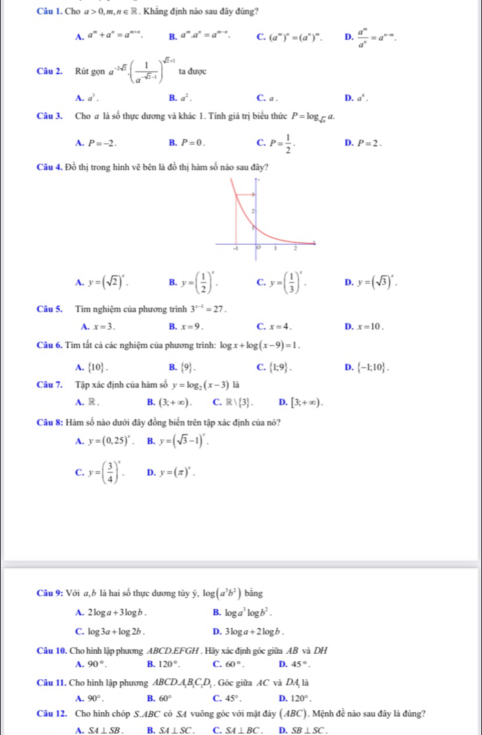 Cho a>0,m,n∈ R. Khẳng định nào sau đây đúng?
A. a^m+a^n=a^(m+n). B. a^m.a^n=a^(m-n). C. (a^m)^n=(a^n)^m. D.  a^m/a^n =a^(n-m).
Câu 2. Rút gọn a^(-2sqrt(2))· ( 1/a^(-sqrt(2)-1) )^sqrt(2)+1 ta được
A. a^3. B. a^2. C. a . D. a^4.
Câu 3. Cho a là số thực dương và khác 1. Tính giá trị biểu thức P=log _sqrt(x)a.
A. P=-2. B. P=0. C. P= 1/2 . D. P=2.
Câu 4. Đồ thị trong hình vẽ bên là đồ thị hàm số nào sau đây?
A. y=(sqrt(2))^x. B. y=( 1/2 )^x. C. y=( 1/3 )^x. D. y=(sqrt(3))^x.
Câu 5. Tìm nghiệm của phương trình 3^(x-1)=27.
A. x=3. B. x=9. C. x=4. D. x=10.
Câu 6. Tìm tất cả các nghiệm của phương trình: log x+log (x-9)=1.
A.  10 . B. S C.  1;9 . D.  -1;10 .
Câu 7. Tập xác định của hàm số y=log _2(x-3) là
A. R . B. (3;+∈fty ). C. Rvee  3 . D. [3;+∈fty ).
Câu 8: Hàm số nào dưới đây đồng biến trên tập xác định của nó?
A. y=(0,25)^x. B. y=(sqrt(3)-1)^x.
C. y=( 3/4 )^x. D. y=(π )^x.
Câu 9: Với a, b là hai số thực dương tùy ý, log (a^3b^2) bảng
A. 2log a+3log b. B. log a^3log b^2.
C. log 3a+log 2b. D. 3log a+2log b.
Câu 10. Cho hình lập phương ABCD.EFGH . Hãy xác định góc giữa AB và DH
A. 90°. B. 120°. C. 60°. D. 45°.
Câu 11. Cho hình lập phương ABCDABCD Góc giữa AC và DA là
A. 90°. B. 60° C. 45°. D. 120°.
Câu 12. Cho hình chóp S.ABC có S4 vuông góc với mặt đây (ABC). Mệnh đề nào sau đây là đúng?
A. SA⊥ SB. B. SA⊥ SC C. SA⊥ BC D. SB⊥ SC.