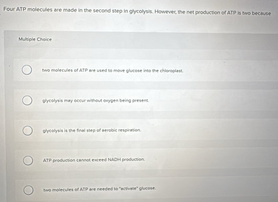 Four ATP molecules are made in the second step in glycolysis. However, the net production of ATP is two because
Multiple Choice
two molecules of ATP are used to move glucose into the chloroplast.
glycolysis may occur without oxygen being present.
glycolysis is the final step of aerobic respiration.
ATP production cannot exceed NADH production.
two molecules of ATP are needed to "activate" glucose.