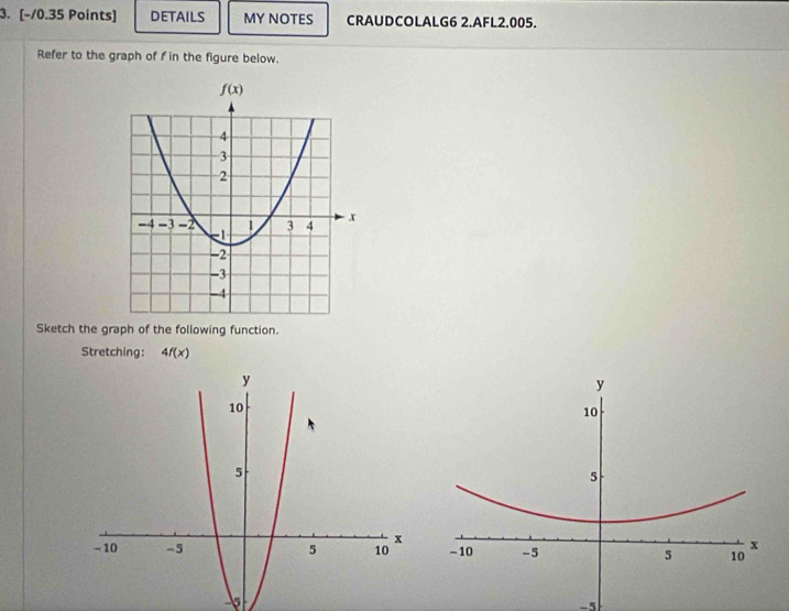 DETAILS MY NOTES CRAUDCOLALG6 2.AFL2.005.
Refer to the graph of f in the figure below.
Sketch the graph of the following function.
Stretching: 4f(x)
y
10
5
x
-10 -5 5 10
 
-5