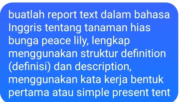 buatlah report text dalam bahasa 
Inggris tentang tanaman hias 
bunga peace lily, lengkap 
menggunakan struktur definition 
(definisi) dan description, 
menggunakan kata kerja bentuk 
pertama atau simple present tent