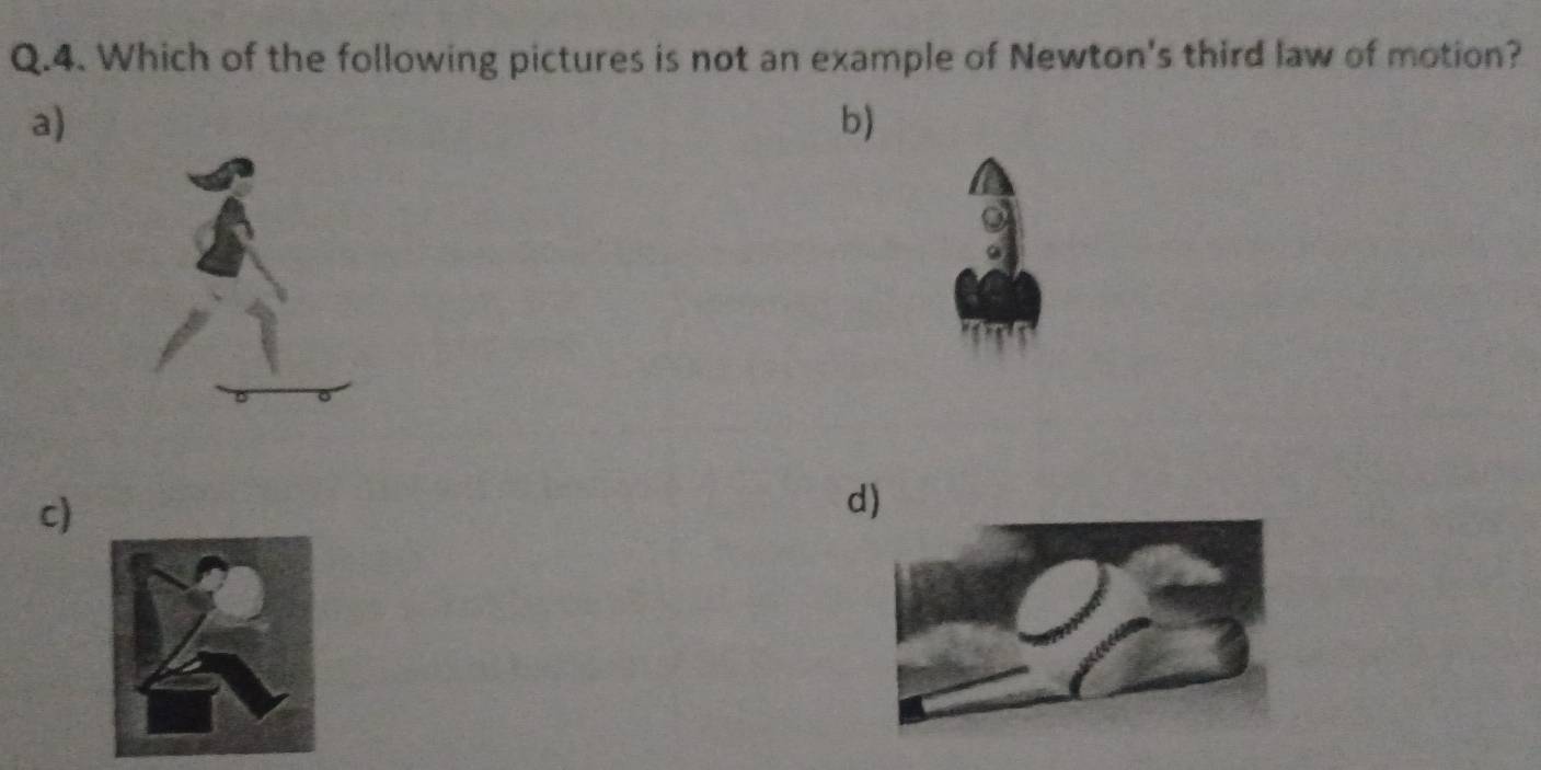 Which of the following pictures is not an example of Newton's third law of motion? 
a) 
b) 
c) 
d)