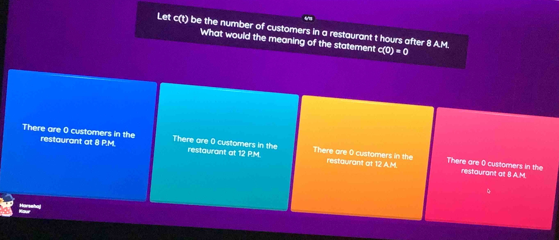 Let c(t) be the number of customers in a restaurant t hours after 8 A.M.
What would the meaning of the statement c(0)=0
There are 0 customers in the There are 0 customers in the There are 0 customers in the There are 0 customers in the
restaurant at 8 P.M. restaurant at 12 P.M. restaurant at 12 A.M.
restaurant at 8 A.M.