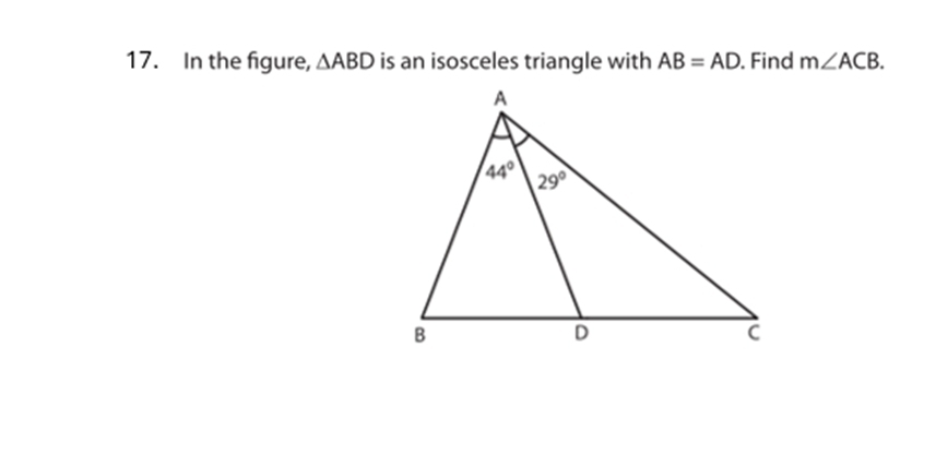 In the figure, △ ABD is an isosceles triangle with AB=AD. Find m∠ ACB.