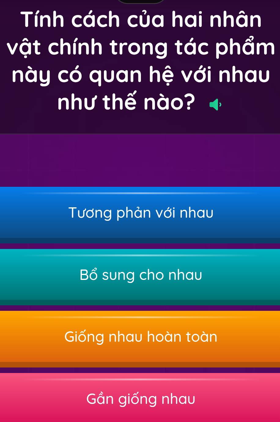 Tính cách của hai nhân
vật chính trong tác phẩm
này có quan hệ với nhau
như thế nào?
Tương phản với nhau
Bhat O I sung cho nhau
Giống nhau hoàn toàn
Gần giống nhau