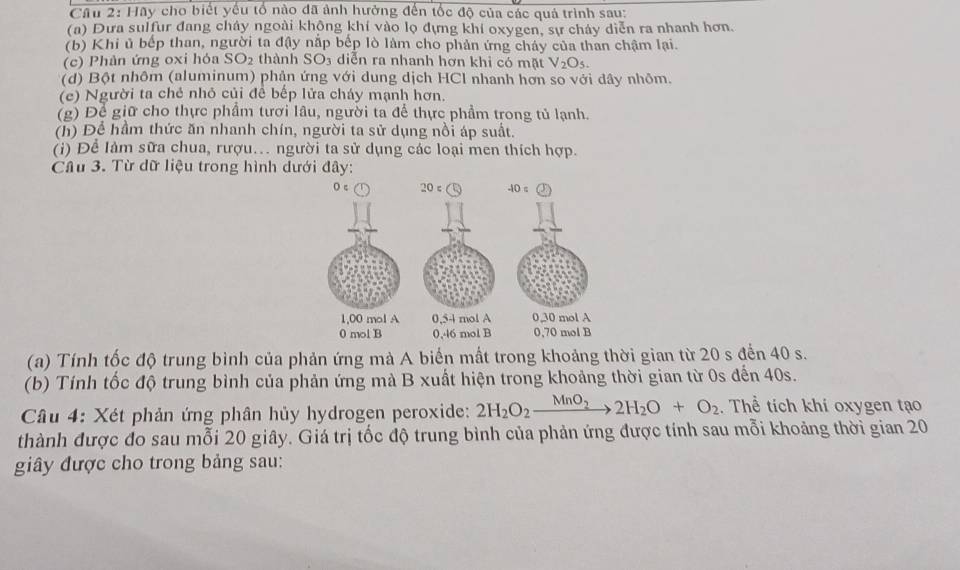 Cầu 2: Hãy cho biết yếu tổ nào đã ảnh hưởng đến tốc độ của các quả trình sau:
(a) Dưa sulfur đang cháy ngoài không khí vào lọ đựng khí oxygen, sự cháy diễn ra nhanh hơn.
(b) Khi ủ bếp than, người ta đậy nắp bếp lò làm cho phản ứng cháy của than chậm lại.
(c) Phàn ứng oxi hóa SO_2 thành SO_3 diễn ra nhanh hơn khi có mặt V_2O_5.
(d) Bột nhôm (aluminum) phần ứng với dung dịch HCl nhanh hơn so với dây nhõm.
(c) Người ta chẻ nhỏ củi để bếp lửa cháy mạnh hơn.
(g) Để giữ cho thực phẩm tưới lâu, người ta để thực phẩm trong tủ lạnh.
(h) Để hầm thức ăn nhanh chín, người ta sử dụng nồi áp suất.
(i) Để làm sữa chua, rượu. người ta sử dụng các loại men thích hợp.
Câu 3. Từ dữ liệu trong hình dưới đây:
(a) Tính tốc độ trung bình của phản ứng mà A biến mất trong khoảng thời gian từ 20 s đến 40 s.
(b) Tính tốc độ trung bình của phản ứng mà B xuất hiện trong khoảng thời gian từ 0s đến 40s.
Câu 4: Xét phản ứng phân hủy hydrogen peroxide: 2H_2O_2xrightarrow MnO_22H_2O+O_2. Thể tích khí oxygen tạo
thành được đo sau mỗi 20 giây. Giá trị tốc độ trung bình của phản ứng được tính sau mỗi khoảng thời gian 20
giây được cho trong bảng sau: