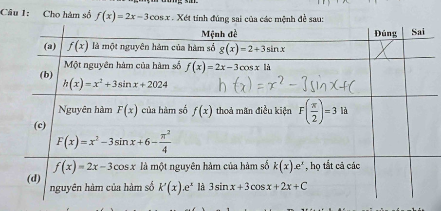 Cho hàm số f(x)=2x-3cos x