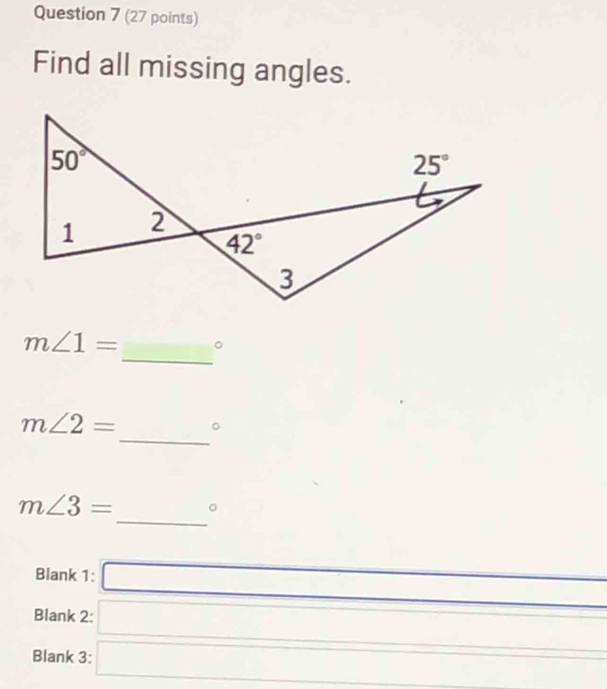 Find all missing angles.
_
m∠ 1= □°
_
m∠ 2= □ 。
_
m∠ 3= 。
Blank 1: □
Blank 2: □ □ ∴ ∠ DA)=∠ CDO=90°
Blank 3: □