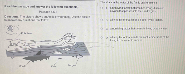 The shark in the water of the Arctic environment is
Read the passage and answer the following question(s). A. a nonliving factor that breathes living, dissolved
Passage 5338 oxygen that passes into the shark's gills.
Directions: The picture shows an Arctic environment. Use the picture
to answer any questions that follow. B、a living factor that feeds on other living factors.
C、a nonliving factor that swims in living ocean water.
D. a living factor that needs the cool temperature of the
living Arctic water to survive.