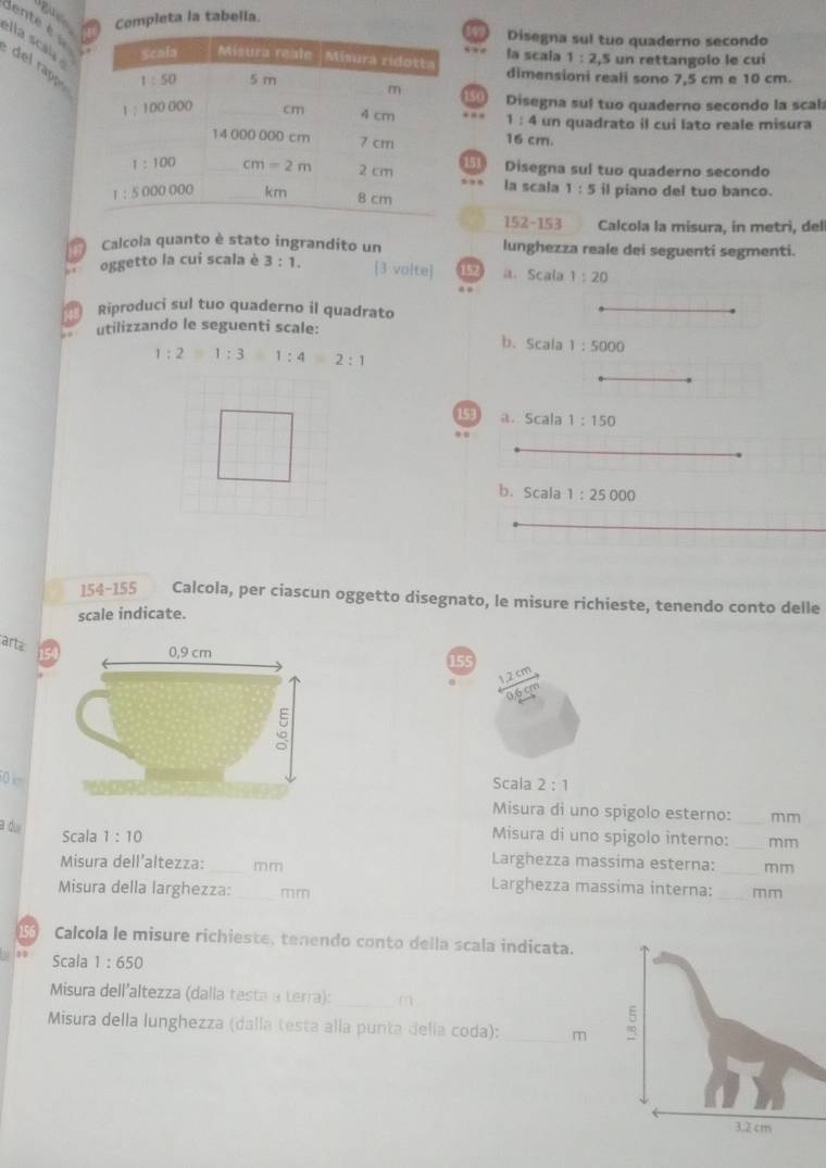 Completa la tabella.
dente é 
N Disegna sul tuo quaderno secondo
la sca del rapp
la scala 1:2,5 un rettangolo le cuí
dimensioni reali sono 7,5 cm e 10 cm.
Disegna sul tuo quaderno secondo la scal:
1:4un quadrato il cui lato reale misura
16 cm.
151 Disegna sul tuo quaderno secondo
la scala
1:5 il piano del tuo banco.
152-153 Calcola la misura, in metri, del
Calcola quanto è stato ingrandito un lunghezza reale dei seguenti segmenti.
oggetto la cui scala è 3:1. [3 volte] a Scala 1:20
Riproduci sul tuo quaderno il quadrato
utilizzando le seguenti scale:
1:21:31:42:1
b. Scal a 1:5000
153 a. Scal 1:150
b. Scal 1:25000
154-155 Calcola, per ciascun oggetto disegnato, le misure richieste, tenendo conto delle
scale indicate.
arta
0,9 cm 155
1.2cm
6cm
:
0 km Scala 2:1
Misura di uno spigolo esterno: _mm
a du 1:10
Scala Misura di uno spigolo interno: _mm
Misura dell’altezza: _mm
Larghezza massima esterna: _mm
Misura della larghezza: _mm
Larghezza massima interna: _mm
156 Calcola le misure richieste, tenendo conto della scala indicata.
0 0 Scala 1:650
Misura dell'altezza (dalla testa a terra): _m
Misura della lunghezza (dalla testa alla punta della coda): _m
