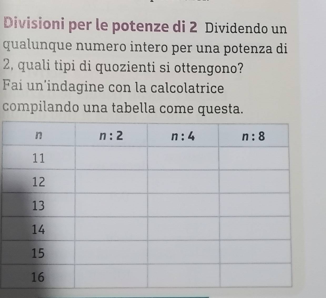 Divisioni per le potenze di 2 Dividendo un
qualunque numero intero per una potenza di
2, quali tipi di quozienti si ottengono?
Fai un’indagine con la calcolatrice
compilando una tabella come questa.