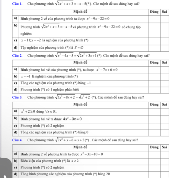 Cho phương trình sqrt(2x^2+x+3)=-x-5(*). Các mệnh đề sau đúng hay sai?
i
i
Câu 3. Cho phương trình  . Các mệnh đề sau đúng hay sai?
Câu 4. Cho phương trình  . Các mệnh đề sau đúng hay sai?