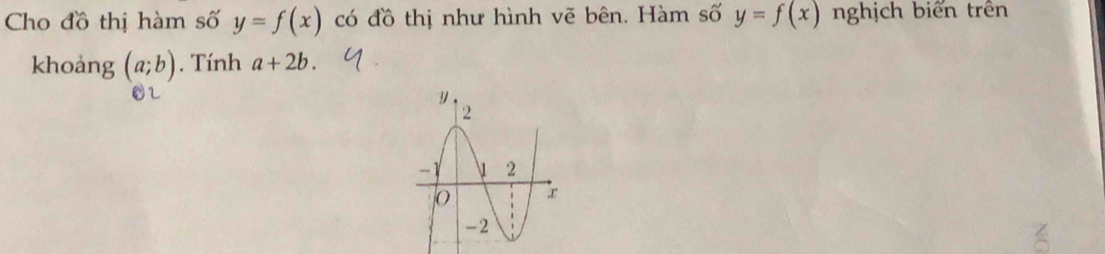 Cho đồ thị hàm số y=f(x) có đồ thị như hình vẽ bên. Hàm số y=f(x) nghịch biến trên 
khoảng (a;b). Tính a+2b.