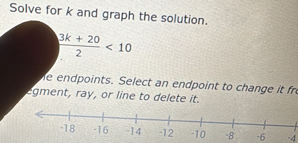 Solve for k and graph the solution.
 (3k+20)/2 <10</tex> 
e endpoints. Select an endpoint to change it fro 
egment, ray, or line to delete it.
-4