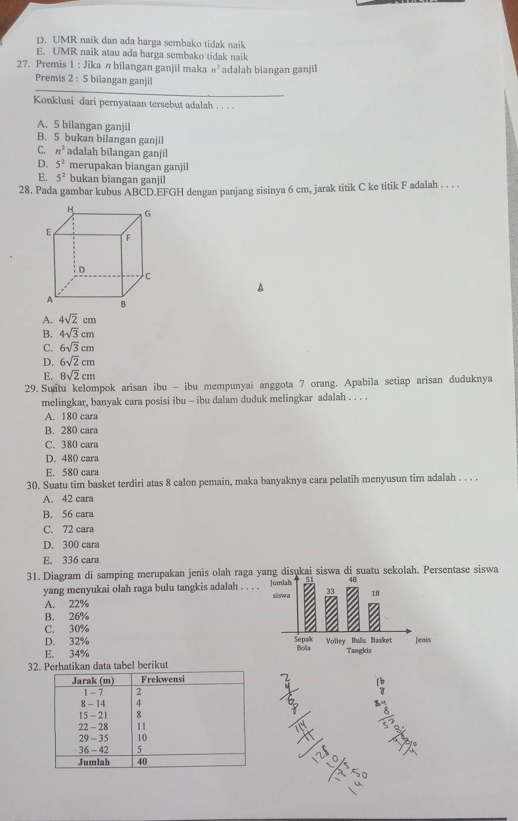 D. UMR naik dan ada harga sembako tidak naik
E. UMR naik atau ada harga sembako tidak naik
27. Premis 1 : Jika n bilangan ganjil maka n^2 adalah biangan ganjil
_
Premis 2 : 5 bilangan ganjil
Konklusi dari pernyataan tersebut adalah . . . .
A. 5 bilangan ganjil
B. 5 bukan bilangan ganjil
C. n^2 adalah bilangan ganjil
D. 5^2 merupakan biangan ganjil
E. 5^2 bukan biangan ganjil
28. Pada gambar kubus ABCD.EFGH dengan panjang sisinya 6 cm, jarak titik C ke titik F adalah . . .
A
A. 4sqrt(2)cm
B. 4sqrt(3)cm
C. 6sqrt(3)cm
D. 6sqrt(2)cm
E. 8sqrt(2)cm
29. Suatu kelompok arisan ibu -- ibu mempunyai anggota 7 orang. Apabila setiap arisan duduknya
melingkar, banyak cara posisi ibu - ibu dalam duduk melingkar adalah . . . .
A. 180 cara
B. 280 cara
C. 380 cara
D. 480 cara
E. 580 cara
30. Suatu tim basket terdiri atas 8 calon pemain, maka banyaknya cara pelatih menyusun tim adalah . . . .
A. 42 cara
B. 56 cara
C. 72 cara
D. 300 cara
E. 336 cara
31. Diagram di samping merupakan jenis olah raga yang disukai siswa di suatu sekolah. Persentase siswa
yang menyukai olah raga bulu tangkis adalah . .
A. 22%
B. 26%
C. 30%
D. 32%
E. 34% 
32. Perhatikan data tabel berikut