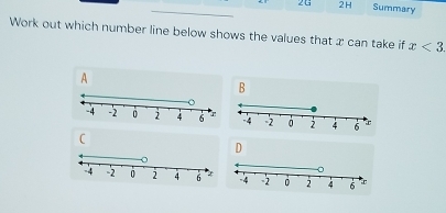 26 2H Summary 
Work out which number line below shows the values that x can take if x<3</tex>