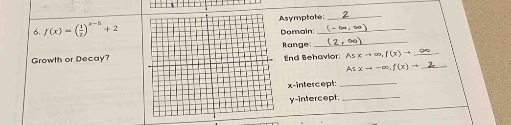 f(x)=( 1/2 )^x-5+2 Asymptote:
Domain:
Range:
_
Growth or Decay?
End Behavior: Asxto ∈fty ,f(x)to _
_ Asxto -∈fty , f(x)to
x-intercept:_
y-intercept:_