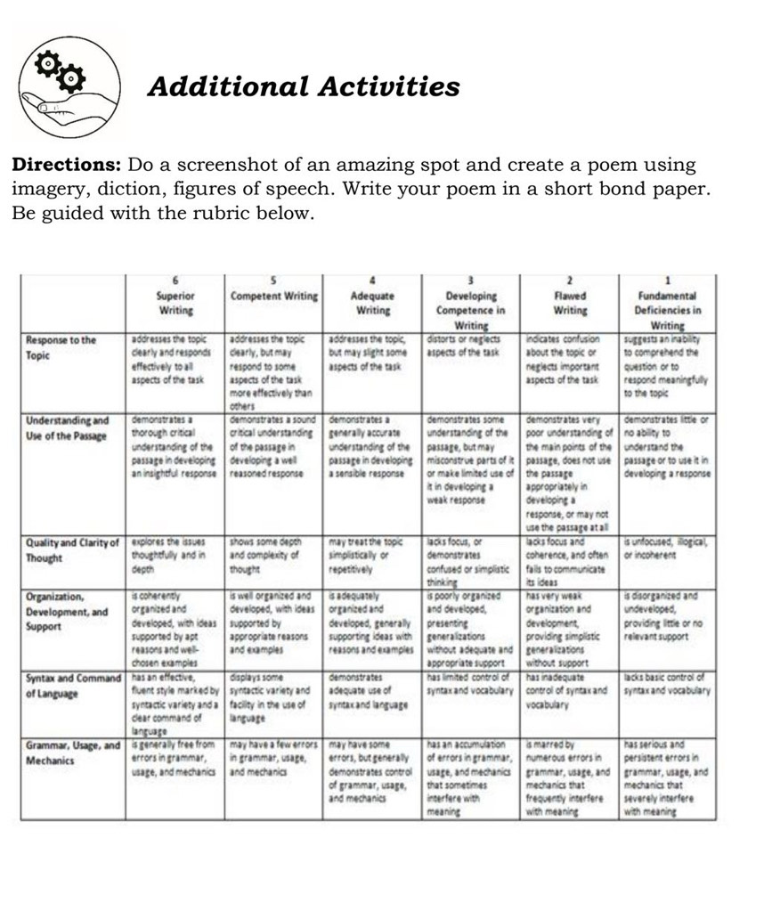 Additional Activities 
Directions: Do a screenshot of an amazing spot and create a poem using 
imagery, diction, figures of speech. Write your poem in a short bond paper. 
Be guided with the rubric below. 
R 
T 
U 
U 
Q 
T 
O 
D 
Su 
S 
of 
G 
M