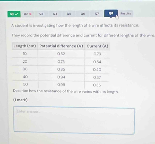 × Q3 Q4 Q5 Q6 Q7 Q8 Results 
A student is investigating how the length of a wire affects its resistance. 
They record the potential difference and current for different lengths of the wire 
Describe how the resistance of the wire varies with its length. 
(1 mark) 
Enter answer..