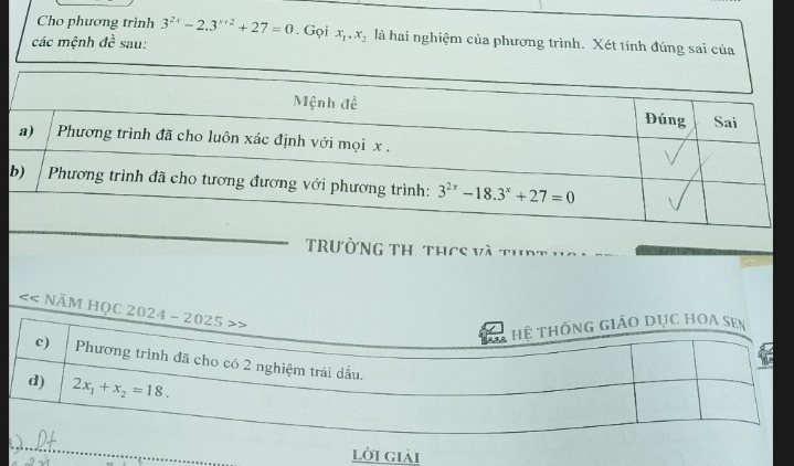 Cho phương trình 3^(2x)-2.3^(x+2)+27=0. Gọi x_1,x_2 là hai nghiệm của phương trình. Xét tính đúng sai của
các mệnh đề sau:
trường thi thCS và
<< NăM HọC 2024 -
lời giải